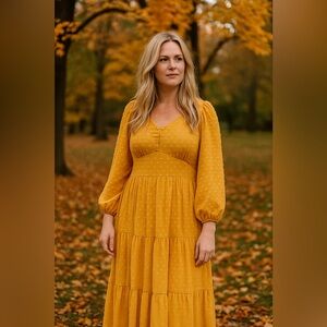 NEW J. Crew Tiered Long Sleeve Marigold Yellow Maxi Dress 14 LARGE